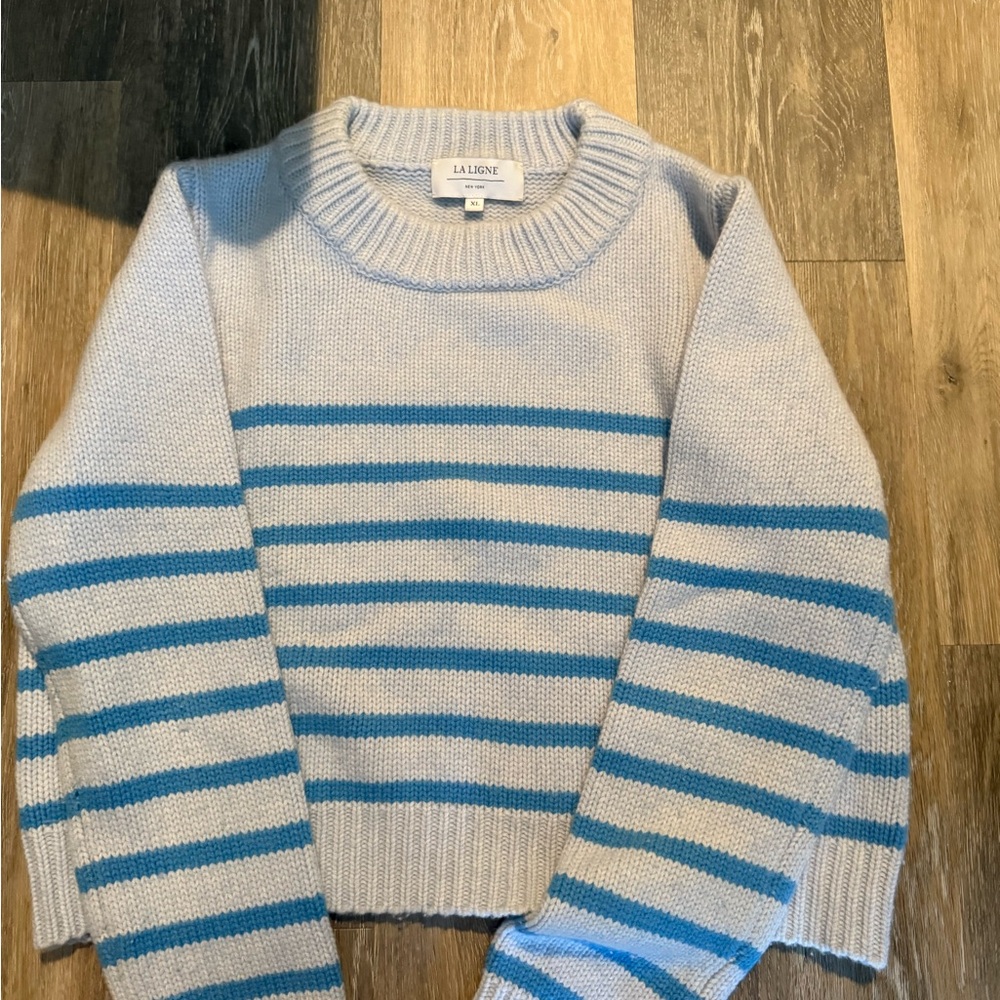 La Ligne Mini Marin Light Blue and White Striped Crew Neck Sweater